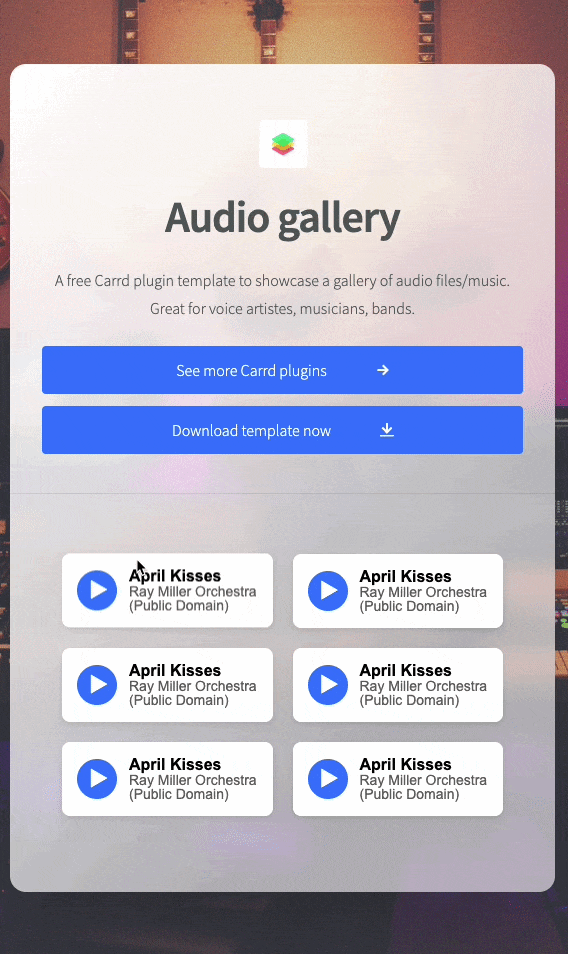 Screenshot of the Audio Gallery plugin page on Carrd with a user interface preview and audio track listings.