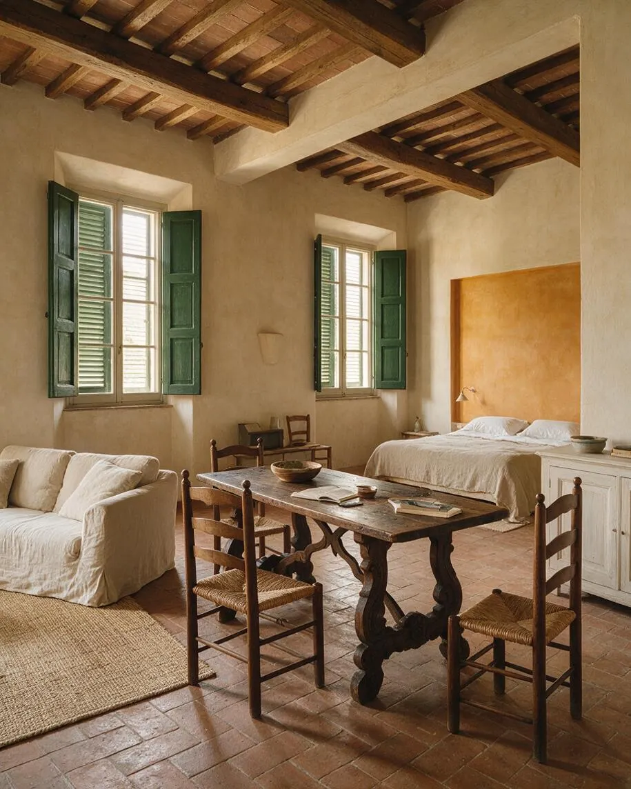 A warm Mediterranean-style studio apartment with exposed dark wooden ceiling beams, cream plaster walls, terracotta tile flooring, and green-shuttered windows. The space combines a white slipcovered sofa, a rustic wooden dining table with woven chairs, and a bed set into an ochre-toned alcove.