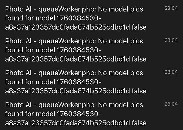 The image displays a series of error messages from a PHP script related to missing model pictures.