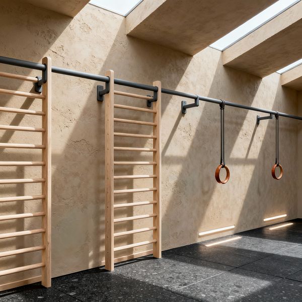 A minimalist home gym with textured beige plaster walls features two light wood stall bars mounted beneath a continuous dark gray pull-up bar. A pair of wooden gym rings hang from black straps, aligned along the bar. Daylight pours through linear skylights, casting strong shadows across the walls and large dark stone tiles. Slim LED wall lights sit low along the perimeter, emphasizing the clean lines and uncluttered layout.