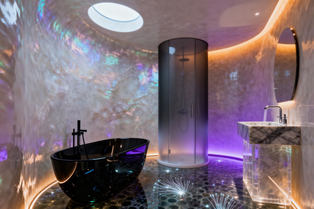 A futuristic bathroom with curved iridescent walls and a circular skylight. A glossy black freestanding tub sits beside a cylindrical frosted-glass shower pod. The vanity pairs a marble basin with a clear acrylic base beneath a round backlit mirror. The dark resin floor, patterned with pebble shapes, features fiber‑optic light bursts. Concealed amber and violet LEDs wash the perimeter, while matte black and chrome fixtures complete the clean, high-tech look.