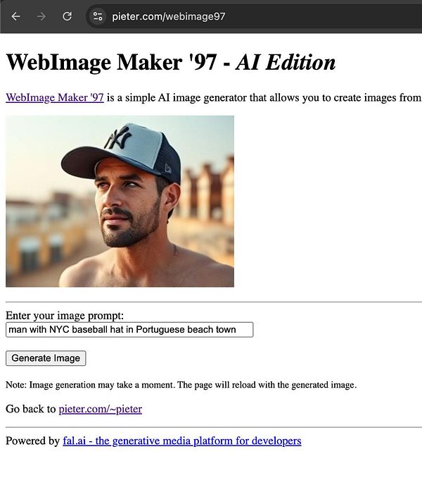 The image features a web interface for the WebImage Maker '97 AI image generator alongside a photo of a man wearing a baseball cap.