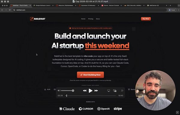 Screenshot of a code editor showing Ruby on Rails code defining a HomeController and application layout with links for a RailsFast app.