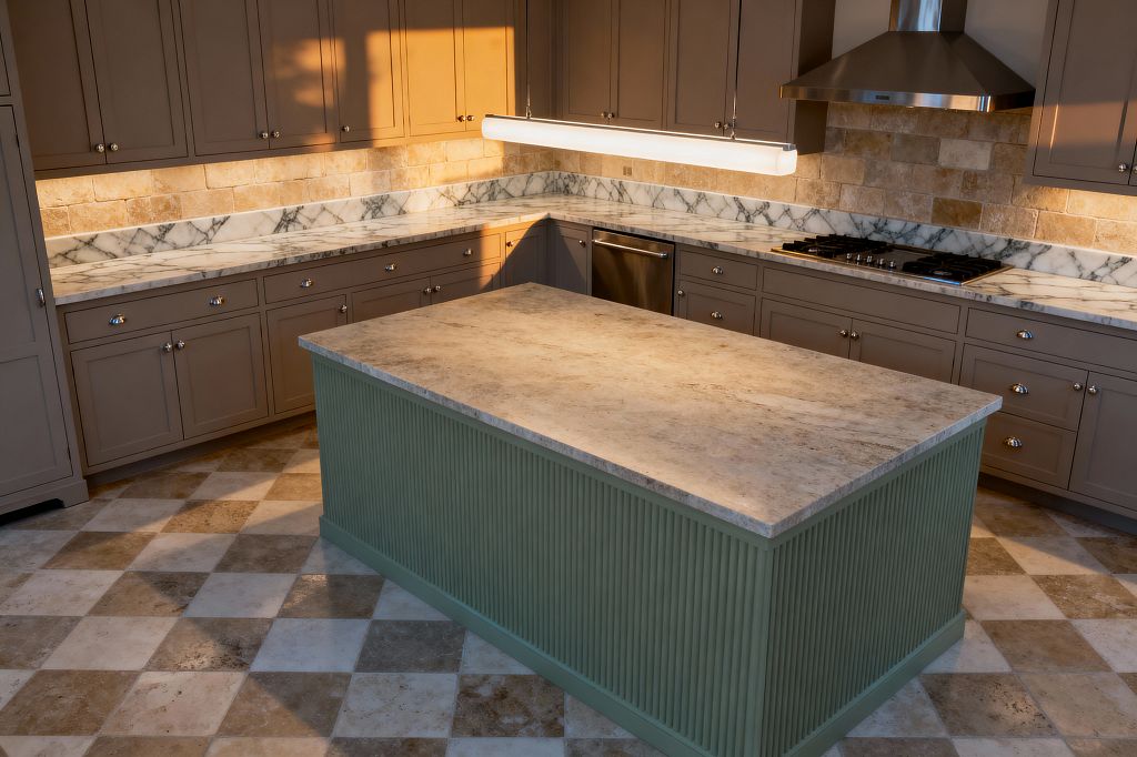 A transitional kitchen features greige Shaker cabinets with polished nickel knobs surrounding a sage green island with reeded panels and a honed stone top. White marble countertops with pronounced gray veining pair with a tumbled travertine backsplash, while a stainless cooktop and chimney hood, slim linear pendant, undercabinet lighting, and a diagonally laid checkerboard limestone floor complete the warm, softly lit space.