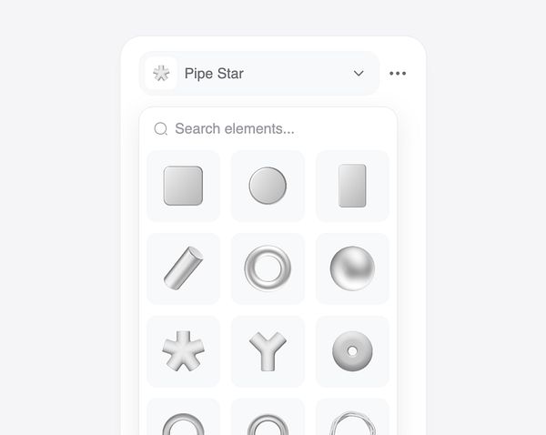 The image displays a user interface for a search component in the Morflax Studio editor, featuring various geometric shapes.