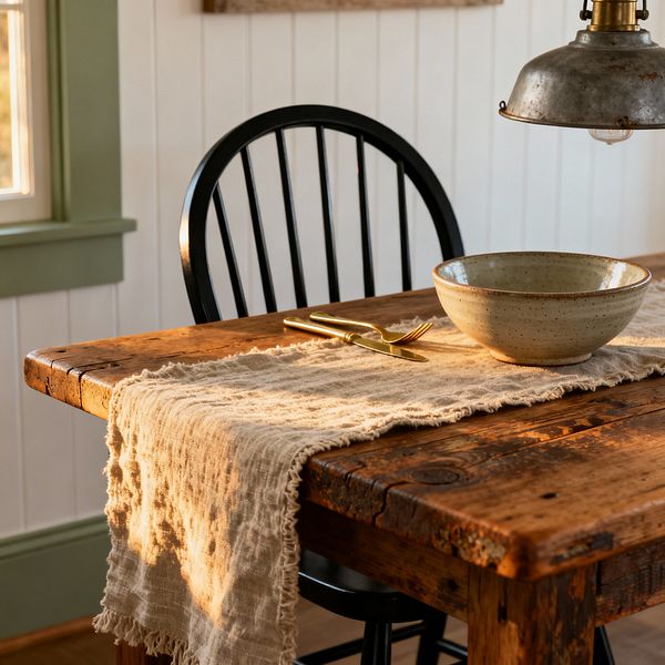 A close-up farmhouse dining scene shows a thick reclaimed-wood table with visible knots and a softened raw edge, draped with a frayed natural linen runner that holds a speckled stoneware bowl and brass fork and knife. A black Windsor-style chair, a weathered metal pendant light, white vertical beadboard walls, and a window with sage-green trim are illuminated by warm late-afternoon sunlight, highlighting grain, patina, and soft textures.