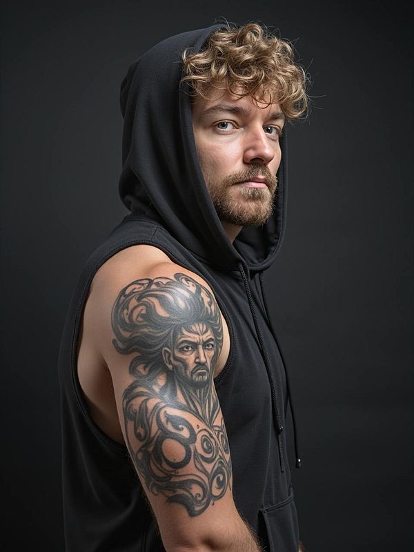 A man with curly hair and a prominent tattoo poses in a dark setting.