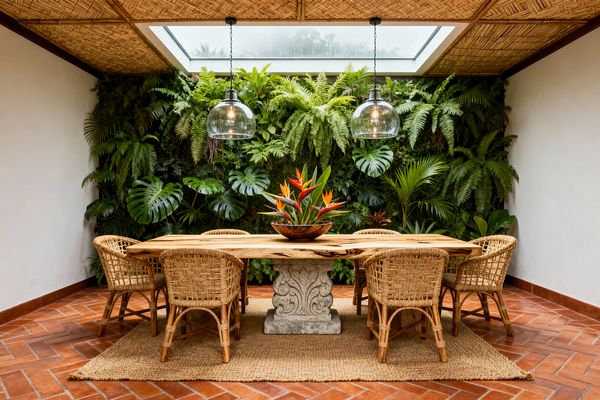 A tropical dining room features a lush living wall of ferns, monstera, and palms behind a long live-edge wood table supported by a carved stone pedestal. Six woven rattan chairs sit on a jute rug over herringbone terracotta floor tiles, while a large rectangular skylight framed by woven panels and two glass globe pendants illuminate the space; a bowl with birds-of-paradise flowers centers the table.