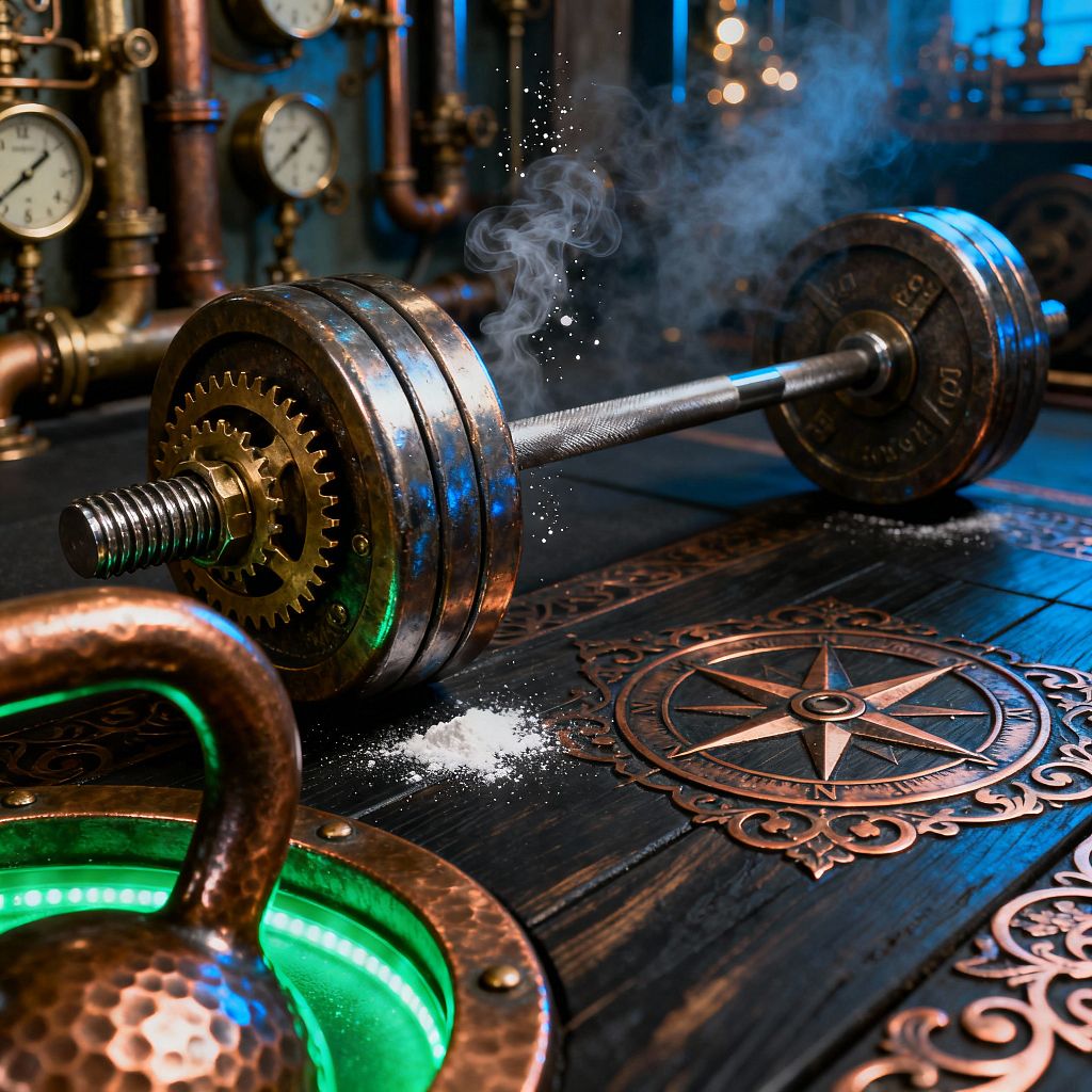 Close-up of a steampunk home gym setup: a barbell with layered iron plates and an exposed brass gear sits on dark stained wood inlaid with a copper compass and ornate filigree. A hammered copper kettlebell glows with green light while gauges, valves, and copper piping line the background under cool blue lighting, with chalk dust and a wisp of steam in the air.