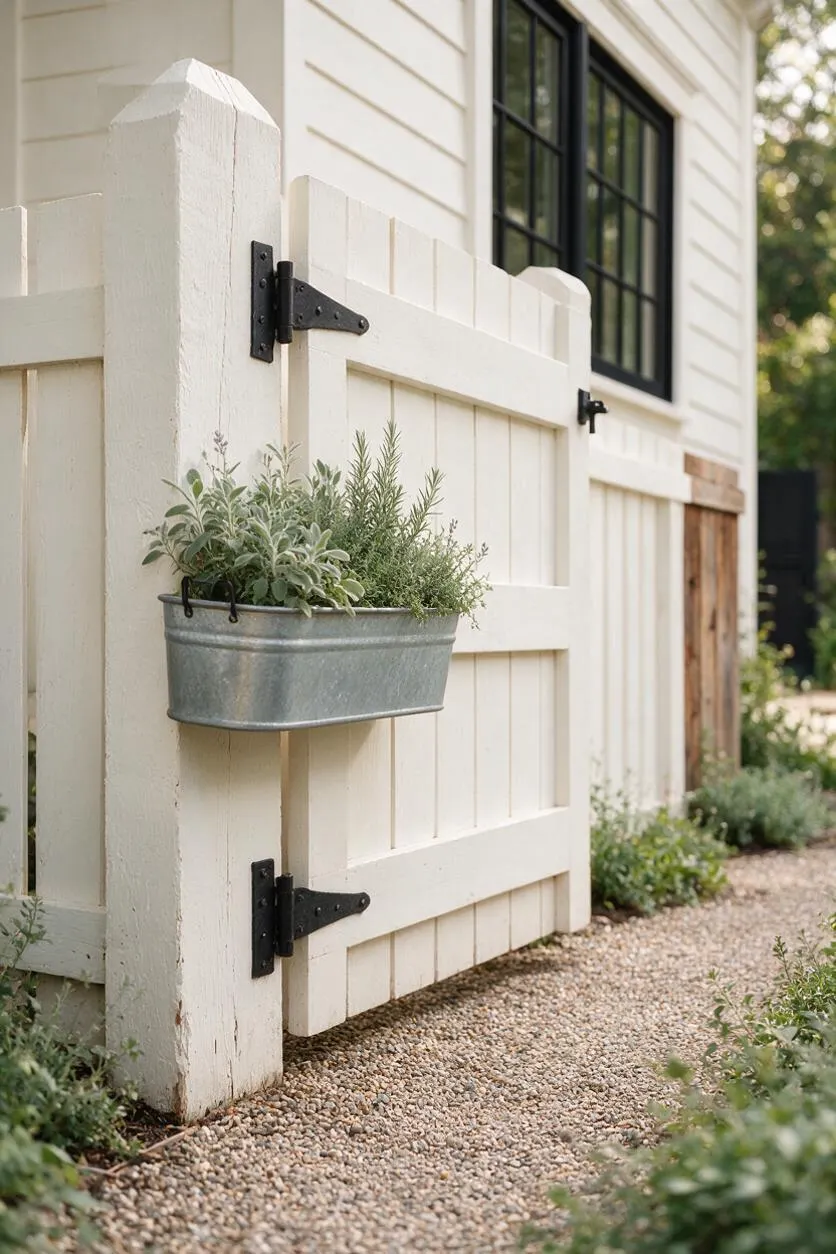 A close-up exterior view of a white farmhouse-style gate and fence with vertical wood boards, topped posts, and matte black iron hinges. A galvanized metal planter filled with herbs hangs on the gate, with a black-trimmed window, gravel path, and soft greenery nearby.