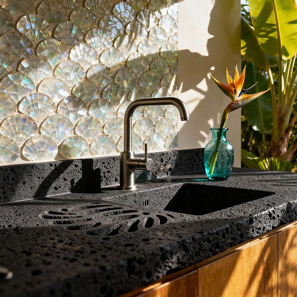 Close-up of a tropical kitchen counter with a matte black porous lava stone worktop and integrated sink, its drainboard cut with a monstera-leaf motif. A brushed stainless faucet sits in front of an iridescent fan-shell mother-of-pearl mosaic backsplash. Below are warm wood cabinet fronts; to the right, a teal glass vase holds a bird of paradise bloom. Sunlight and garden foliage beyond the wall create a bright, indoor–outdoor feel.