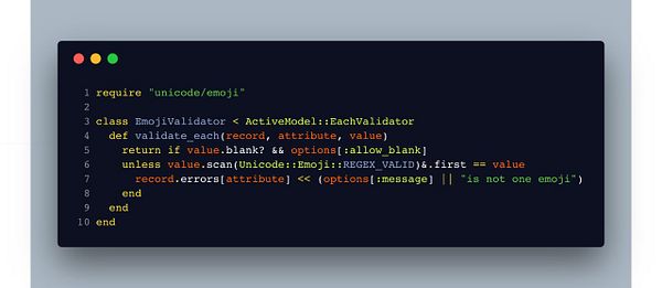 The image displays Ruby code for an Emoji Validator class.