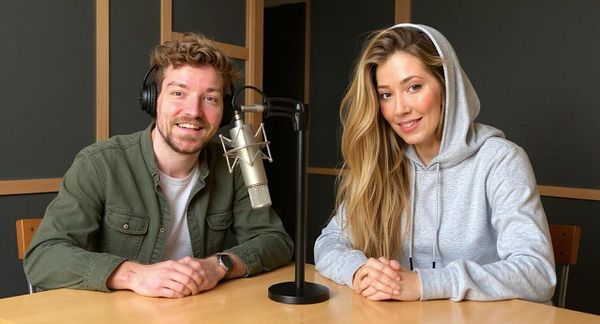 A man and a woman are seated at a table in a recording studio, both smiling and engaging with a microphone.