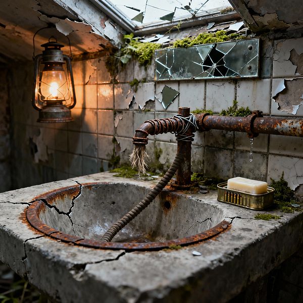 A small, dilapidated bathroom vignette shows a cracked concrete sink with a rust-edged rim and a corroded metal faucet tied with wire, dripping water. Behind it, chipped white tiles support a narrow strip of shattered mirror and clumps of bright green moss beneath a broken skylight. At left, a lit kerosene lantern casts warm amber light. A brass soap dish holding a pale bar sits on the counter. Surfaces are weathered, peeling, and stained, emphasizing a post-apocalyptic mood.
