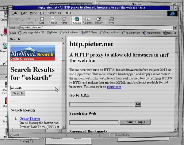 Screenshot of Microsoft Internet Explorer 4.0 from 1997 displaying the Yahoo! search page with a Windows 95 interface.