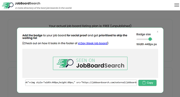 The image displays a user interface for JobBoardSearch, showcasing a badge for job boards.