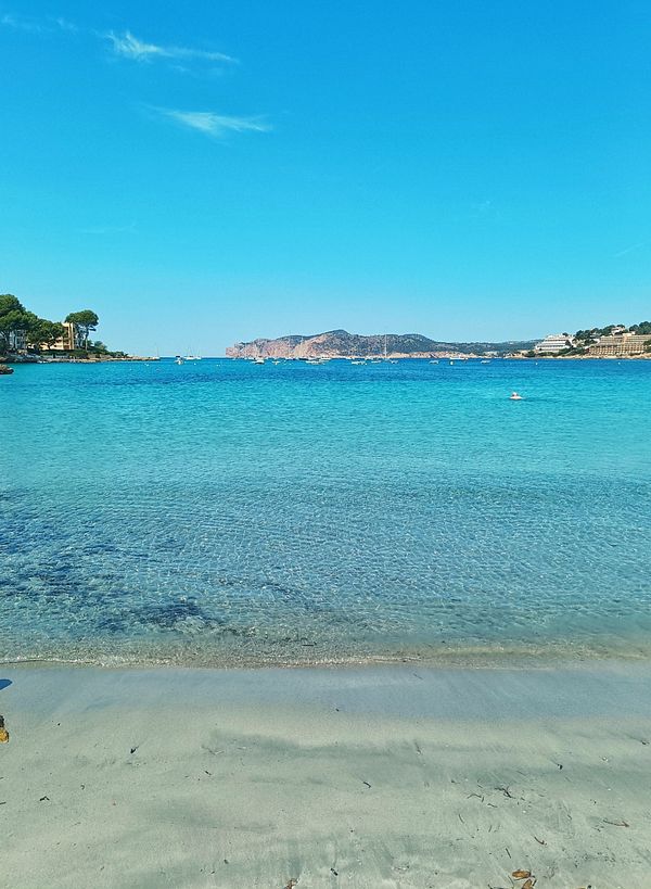 A serene beach scene featuring clear turquoise water and a sandy shore.