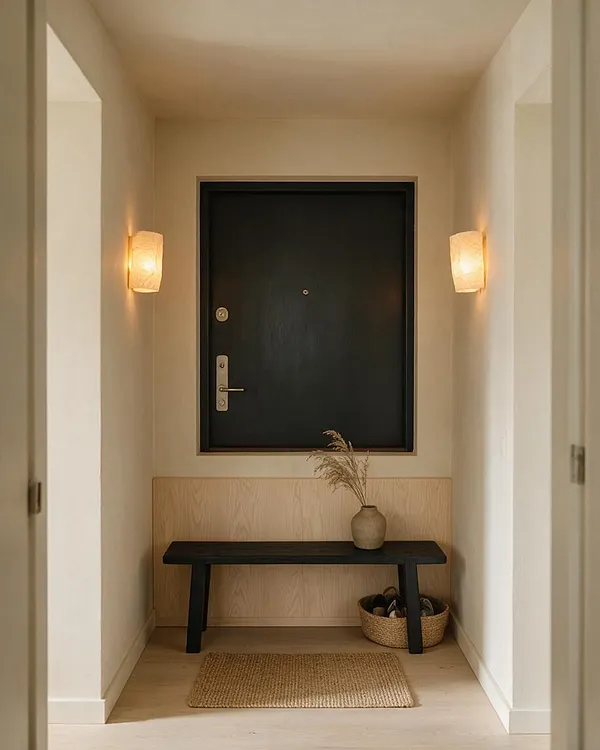 A narrow Japandi-style entryway with warm cream walls, a matte black front door, and soft wall sconces on both sides. A light wood bench with a black top sits below the door, styled with a ceramic vase, woven basket, and natural jute rug.