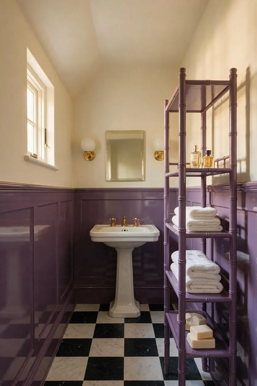 A narrow powder room with glossy purple wainscoting, cream upper walls, and a black-and-white checkered floor. A pedestal sink with brass taps sits beneath a small mirror, while a purple shelf unit holds folded white towels and toiletries beside the window.