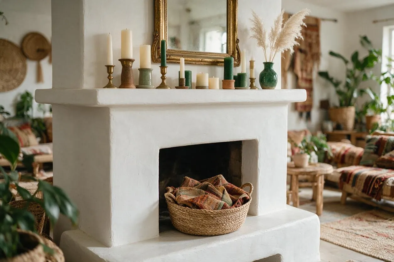A white plaster fireplace sits at the center of a bohemian living room, topped with brass candlesticks, mixed candles, a gold-framed mirror, and a green vase with pampas grass. A woven basket filled with plaid textiles rests in the firebox, while patterned sofas, rattan accents, and soft neutral decor fill the background.