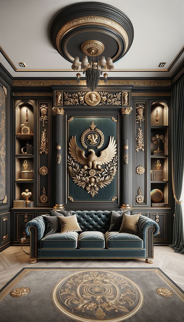 An opulent living room featuring Empire-style furniture, with a dark wood cabinet adorned with bronze mounts, a velvet sofa, and decorative motifs such as laurels and eagles. The room is accented with gold details and has a bold color scheme of navy and dark green.