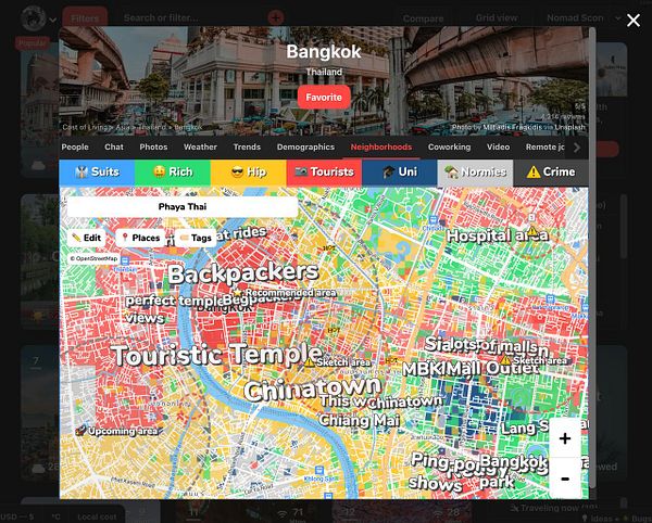 Screenshot of a web map interface showing a segmented map with colored regions and data points.