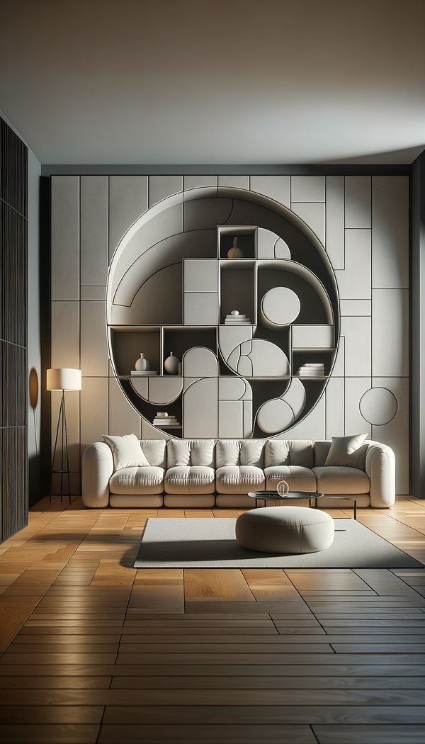 A stylish living room featuring a segmental sofa in a modular arrangement, with a segmental wall partition in the background dividing the space.