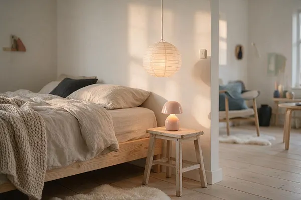 A serene Scandinavian-style master bedroom with a low pine wood bed dressed in layered cream and gray linens, a chunky knit throw, and a dark accent pillow. A paper lantern pendant and a small pink bedside lamp add warm ambient light beside a rustic wooden stool, with pale plank flooring and neutral walls creating a calm, airy atmosphere.