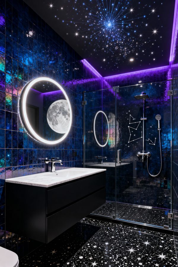 Bathroom featuring deep blue iridescent wall tiles and a black ceiling filled with fiber‑optic stars and a radiant burst. A floating matte black vanity with a white marble countertop sits beneath a round backlit mirror, with a large moon graphic on the wall. A clear glass shower enclosure shows chrome rain and hand shower fixtures and white constellation decals. The glossy black floor is patterned with scattered stars and violet LED strips trace the room’s edges.