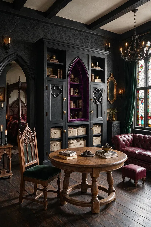 A dark Gothic-style nursery featuring black patterned walls, an arched built-in cabinet with purple velvet lining, a round wooden table, and burgundy leather seating. Stained glass windows, a wrought-iron chandelier, carved wood furniture, and candle-style sconces create a dramatic, old-world atmosphere.