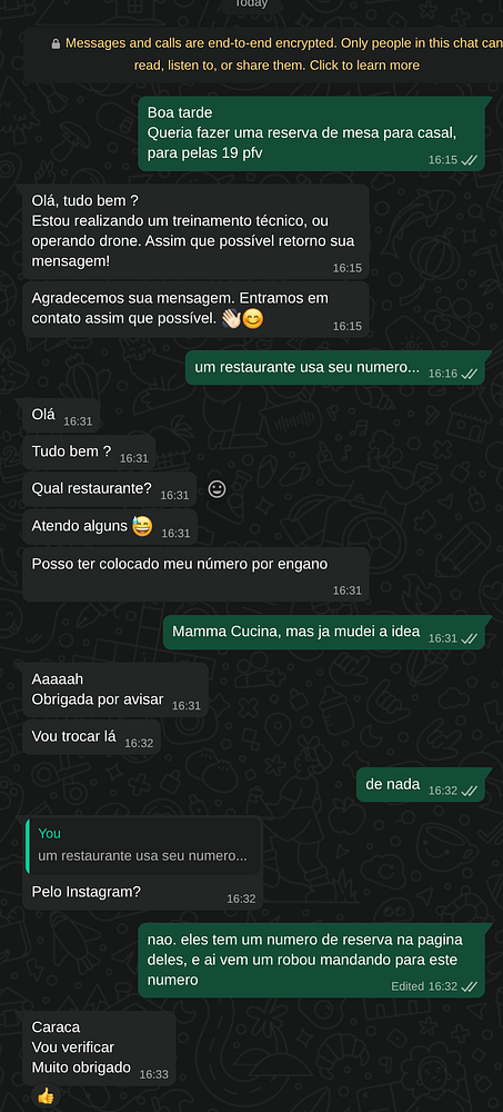 A WhatsApp chat discussing difficulties in making restaurant reservations in Brazil.