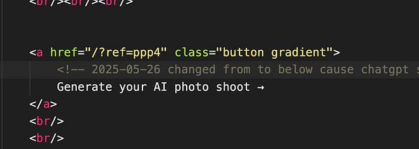 The image displays a snippet of HTML code related to a button for generating an AI photo shoot.