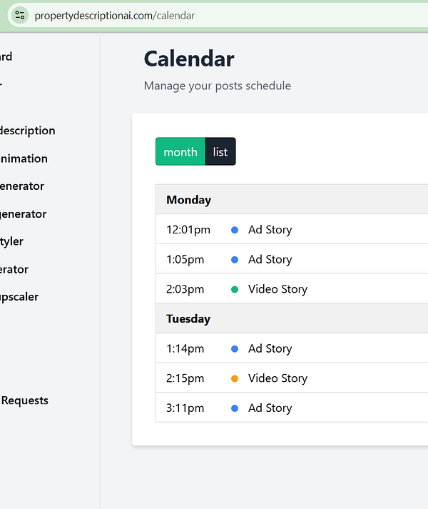 The image displays a calendar interface for scheduling Instagram stories.