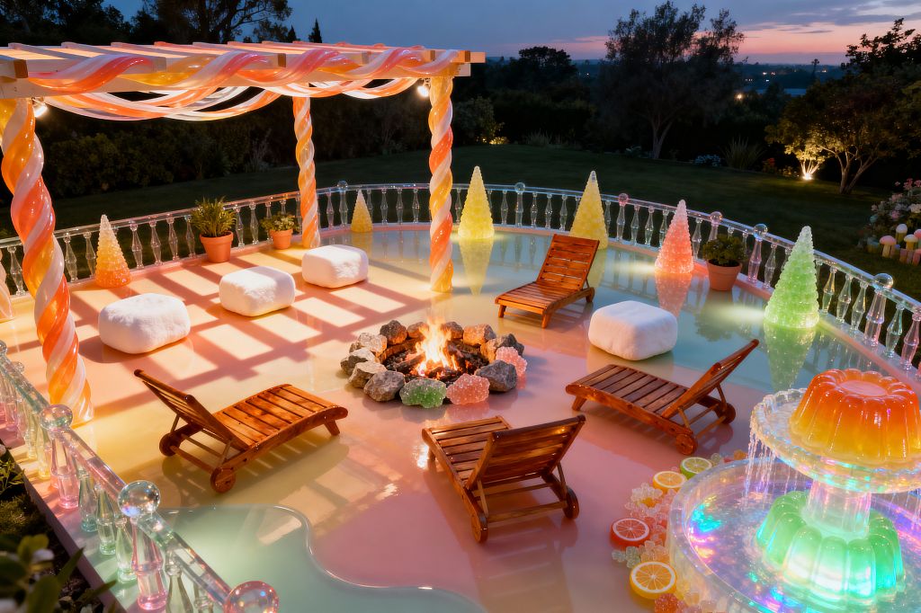 An outdoor patio at dusk styled like a candy land, with a glossy pastel floor, a pergola of peach-and-cream twisted columns, and a circular stone fire pit in the center. Four slatted wooden chaise lounges and three white pouf seats surround the fire, while clear acrylic railings, cone-shaped rock-candy sculptures, terracotta pots, and a glowing multicolor jelly-like tiered fountain create a playful, LED-lit scene against a dark garden backdrop.