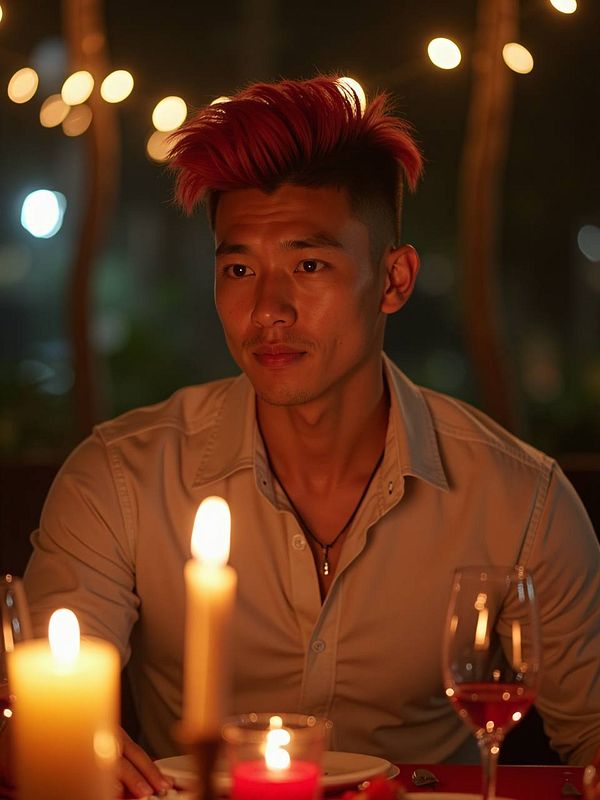 A young man with striking pink hair sits at a candlelit table, exuding a contemplative mood.