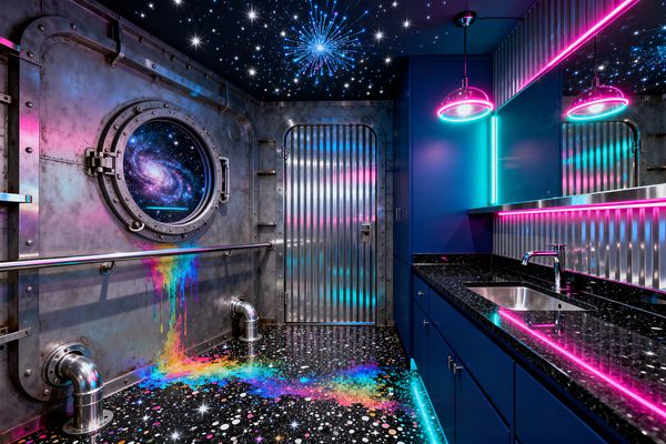 A futuristic laundry room features navy-blue cabinets with a black speckled countertop, a stainless sink, and a long mirror. The ceiling resembles a night sky with twinkling star lights and a blue burst, while neon pink and cyan LEDs trace the mirror, pendants, and toe kick. One wall is clad in riveted steel with a round porthole showing a galaxy graphic and a corrugated metal door. Rainbow paint appears to spill from the porthole onto a glossy, starry black epoxy floor around exposed chrome pipes.