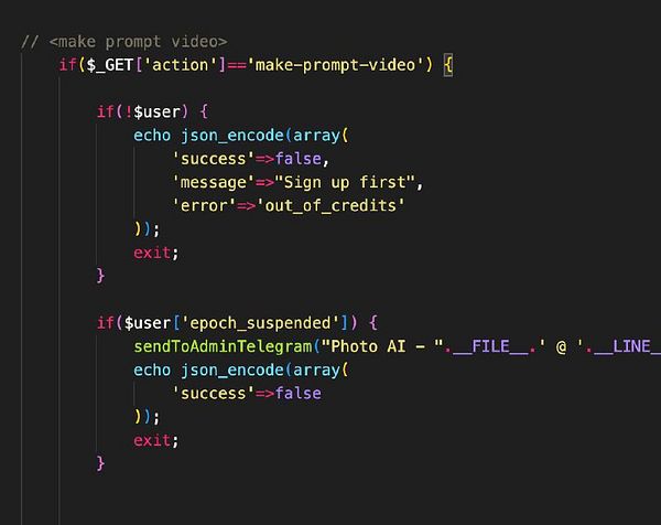 The image displays a code snippet for a video generation function in PHP.