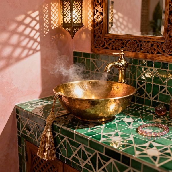 A Moroccan-style bathroom vanity features a steaming hammered brass vessel sink and an ornate brass faucet set on emerald green zellige tiles with star patterns. A carved wood mirror and a pierced metal lantern cast lattice shadows over blush pink tadelakt walls, while a tassel, small vial, and pink glass-bead bracelet rest on the tiled counter.