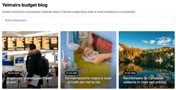 The image displays a blog interface featuring three posts related to travel tips and budget advice.