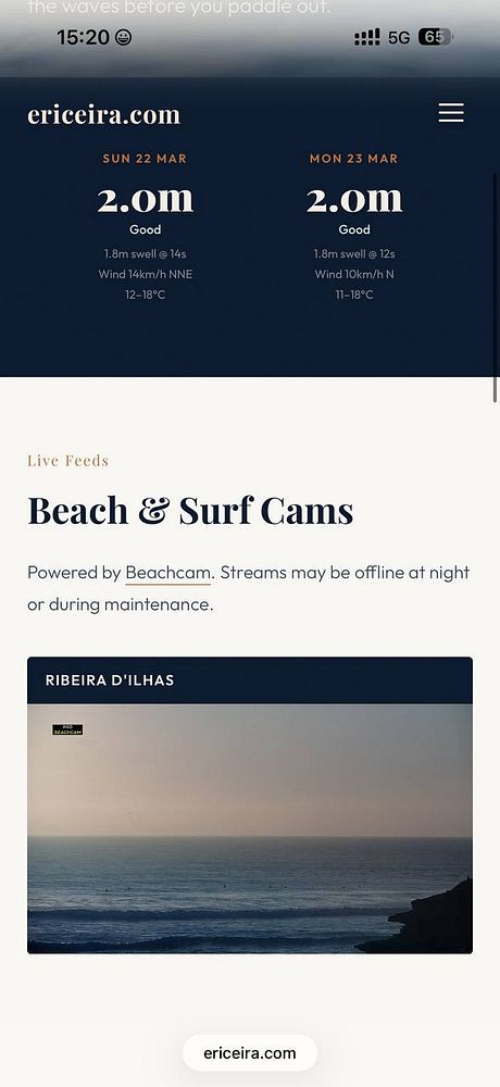 Mobile app screenshot displaying a live surf forecast for the Ericeira surf spot, with tide and weather data.
