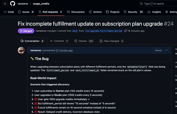 A GitHub pull request discussing a bug related to subscription plan upgrades and fulfillment periods.