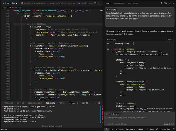 The image displays a code snippet for implementing rate limiting in a PHP application.