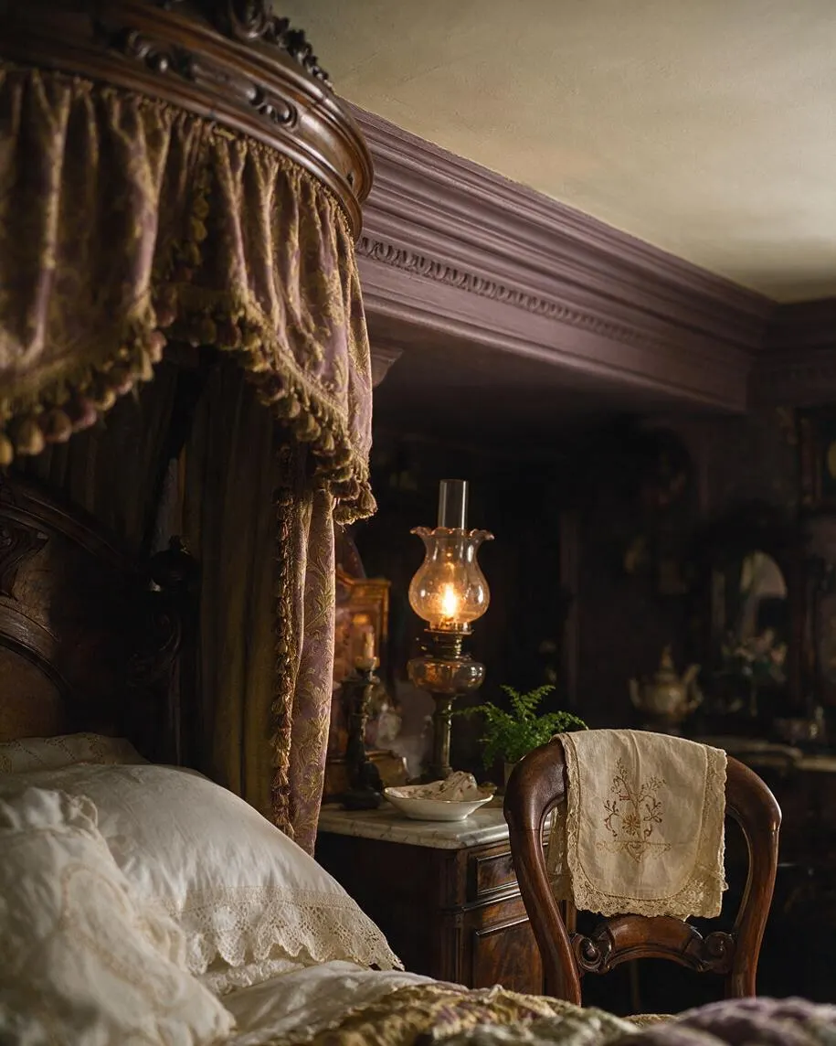 A dim Victorian bedroom vignette with a carved wooden canopy bed draped in patterned fabric and lace-trimmed bedding. A small marble-topped nightstand with an oil lamp, bowl, and greenery sits beside a curved wooden chair with an embroidered textile, all in deep brown and warm cream tones.