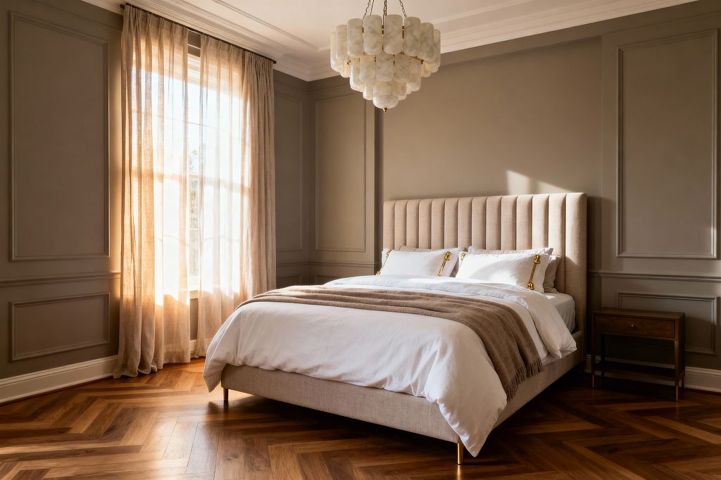 A serene bedroom with greige paneled walls, a tall channel‑tufted beige upholstered bed, and white bedding layered with a taupe throw. A large window with sheer beige curtains washes the herringbone wood floor in warm light, while a slim wood nightstand with brass details sits to the right of the bed and a tiered alabaster-style chandelier and white crown molding complete the refined, transitional look.