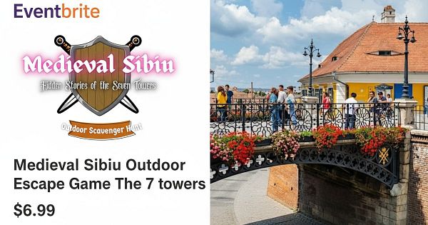 A vibrant outdoor scene featuring a bridge adorned with flowers and people enjoying a scavenger hunt in Sibiu.