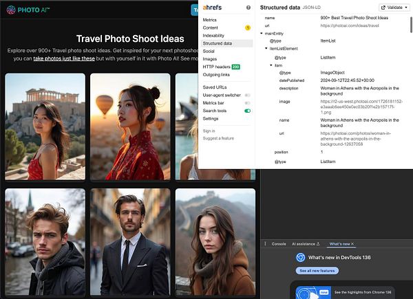 The image displays a webpage featuring travel photo shoot ideas alongside a structured data schema in a developer tool interface.