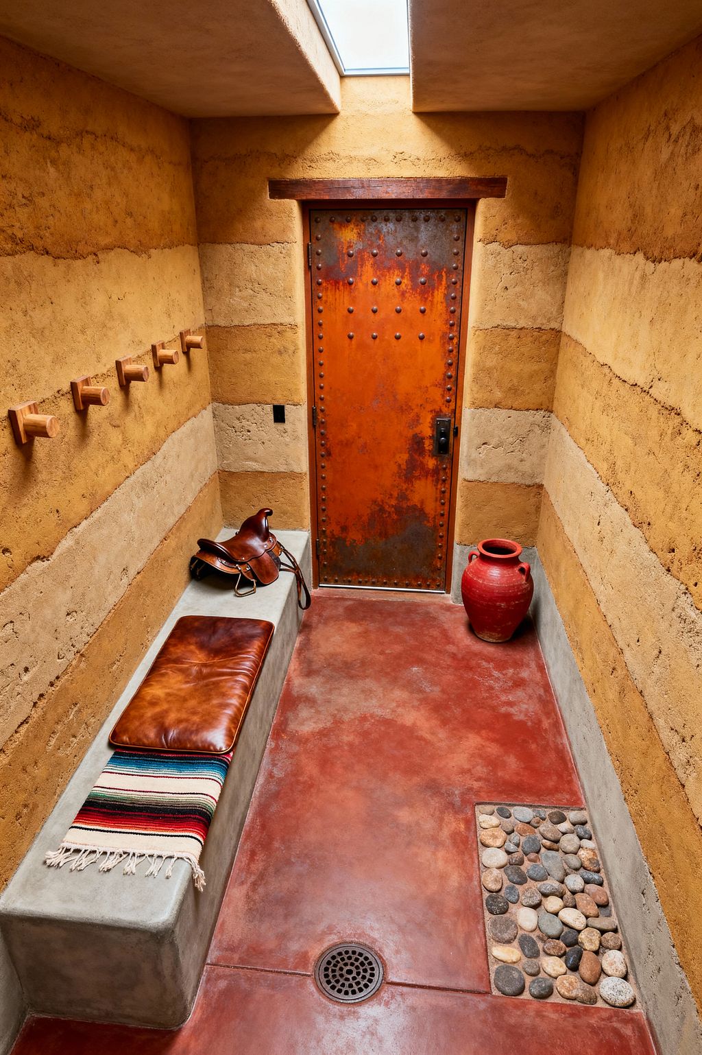 A narrow Southwestern mudroom with earthen, banded walls sits beneath a skylight, leading to a riveted rusted steel door. Along one side, a cast-in-place concrete bench holds a cognac leather cushion, a striped serape, and a saddle, with a row of wooden pegs above. The red stained concrete floor includes a center drain and a river-stone inset near the threshold, while a large red clay jar anchors the corner.