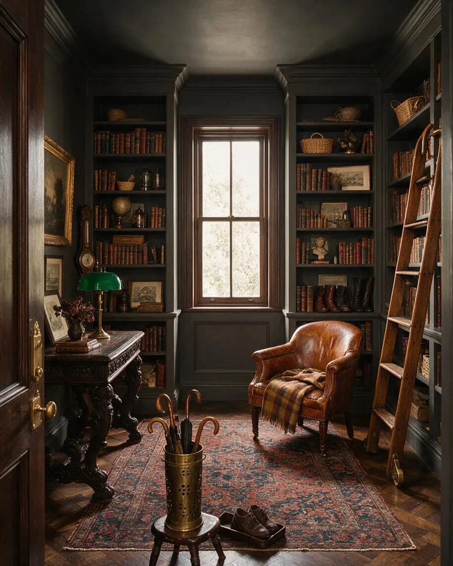 A moody dark academia entryway with built-in bookshelves lining both sides of the room, a centered window, a worn Persian-style rug, a leather armchair, and a vintage desk lamp. A wooden ladder, framed artwork, boots, and an umbrella stand complete the scholarly, collected look.