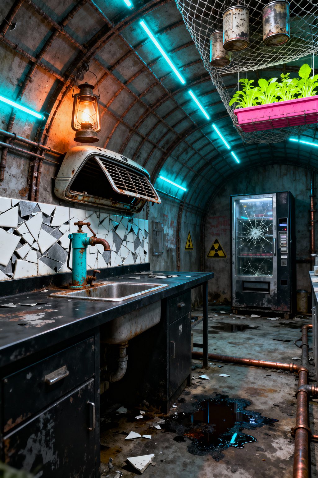 A curved, bunker-like kitchen is lit by cyan neon tubes and a warm lantern, highlighting blackened steel cabinets and a stainless sink. A rusted turquoise faucet and jagged white tile backsplash sit below a dented vent hood; above, a net holds cans beside a pink planter of leafy greens. Exposed copper pipes cross a stained concrete floor with puddles, and a cracked-glass vending machine stands near yellow radiation warning signs.
