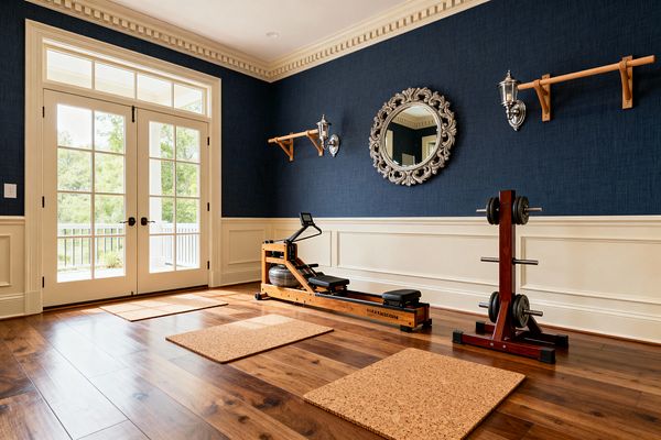 A bright traditional home gym features navy grasscloth above cream raised-panel wainscoting, finished with dentil crown molding and large French doors opening to greenery. On warm walnut floors sit three cork exercise mats, a stained-wood water rower with a clear water tank, and a compact wood-and-metal weight tree; polished nickel lantern sconces flank an ornate round silver mirror, creating a classic, light-filled space for calm, focused workouts.